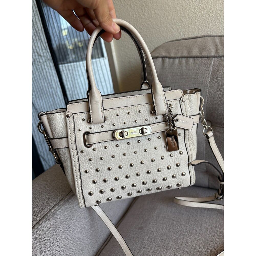 COACH Mini Swagger 21 Cream Pebble Leather Satchel studded Crossbody Bag